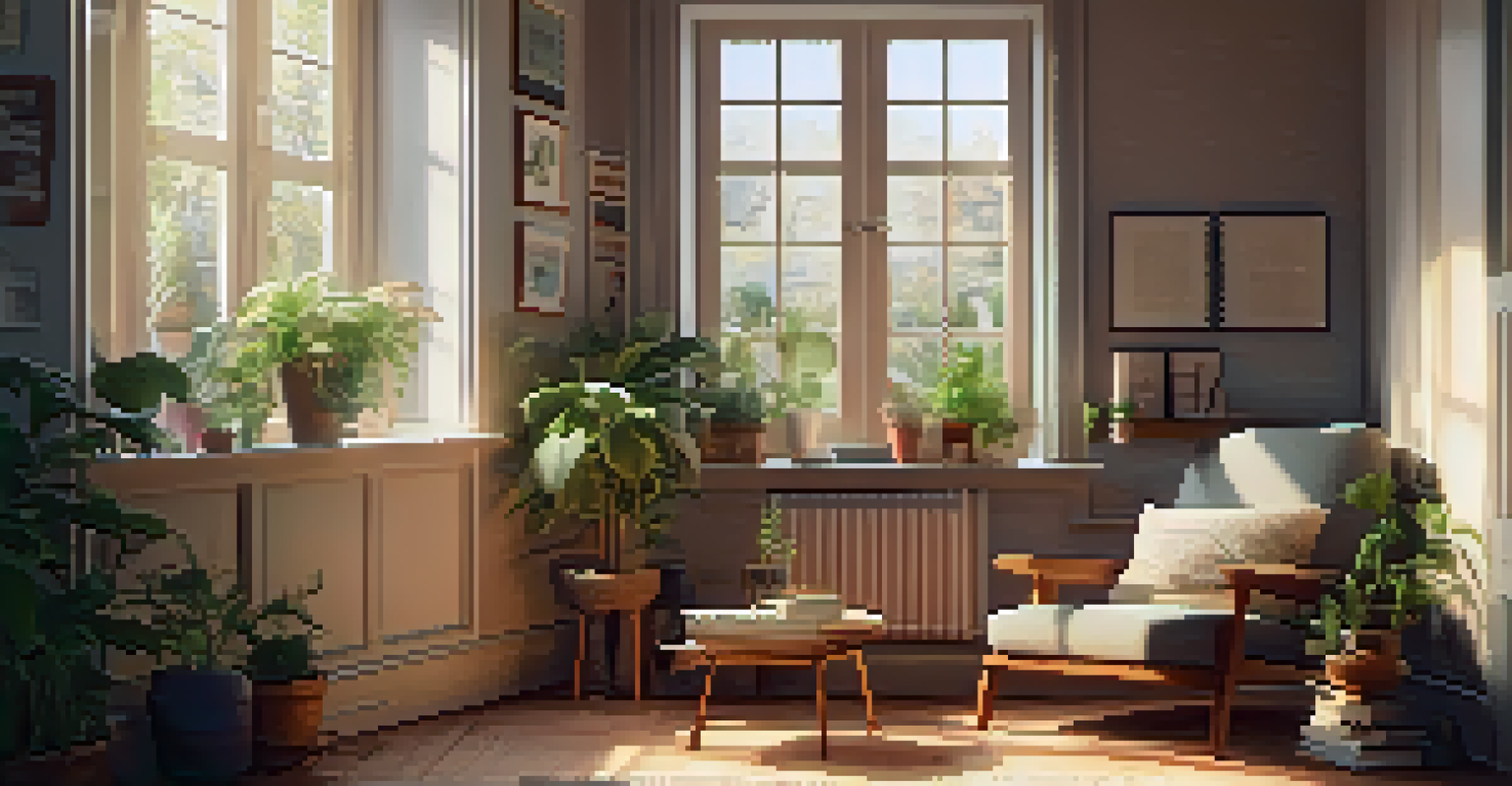 A cozy room with a person reading in an armchair, a cup of tea, and plants around.