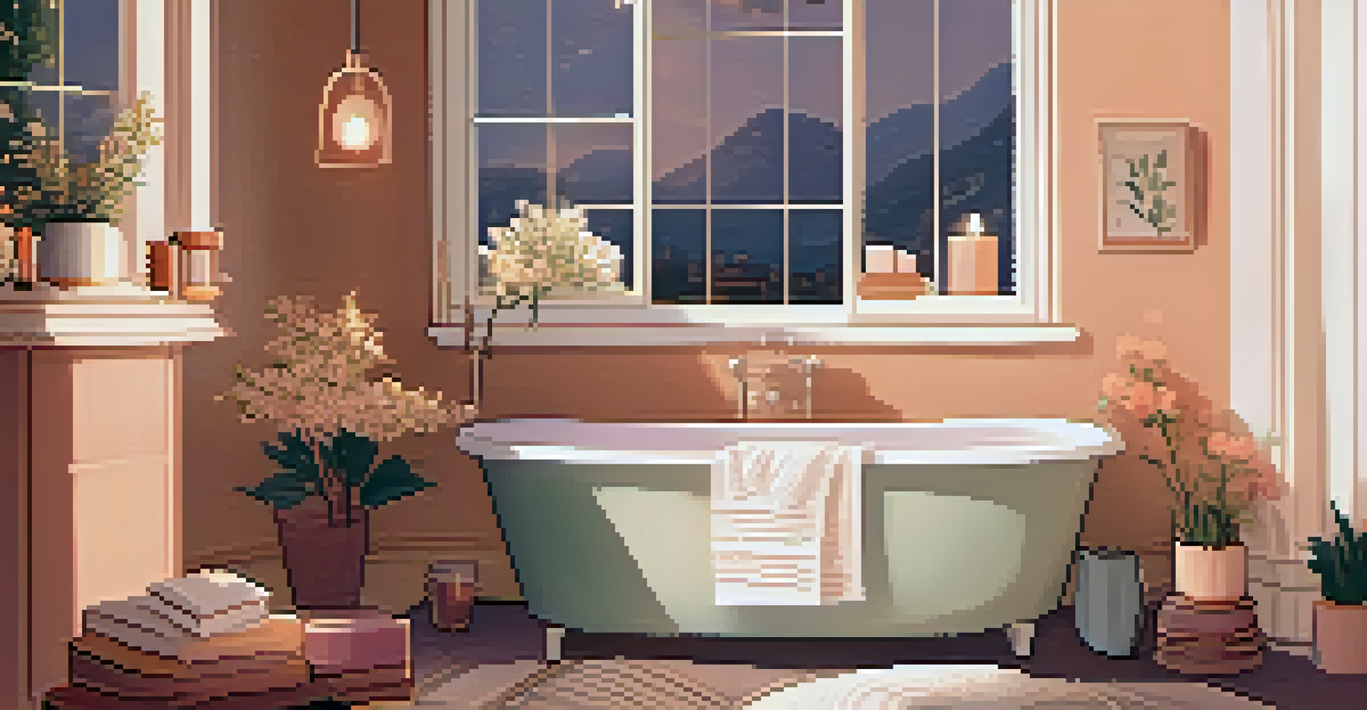 A relaxing bath setup with candles, flowers, a journal, and herbal tea, promoting self-care and tranquility.