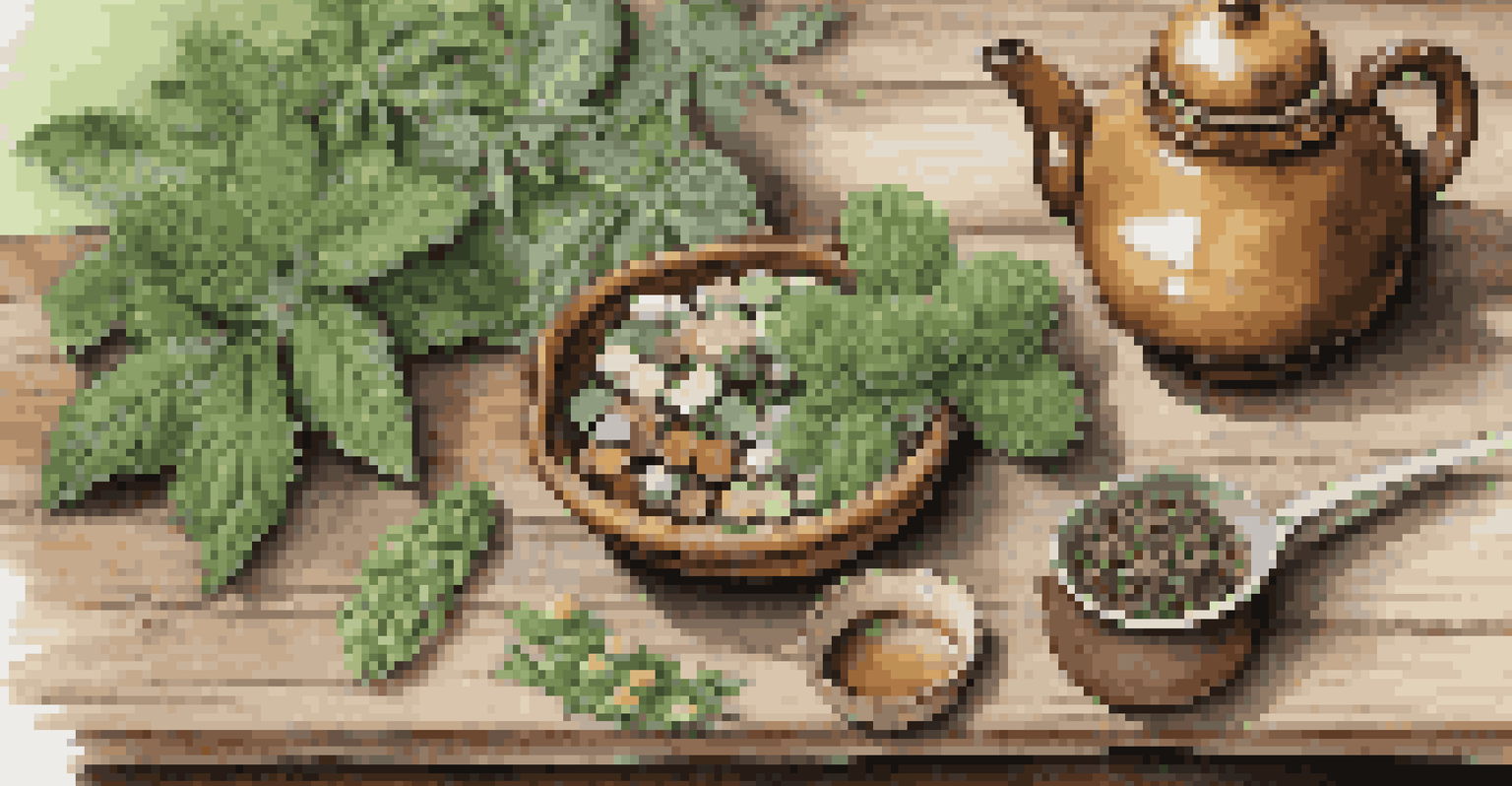A close-up of herbal remedies and natural supplements on a wooden table, symbolizing traditional approaches to menopause.