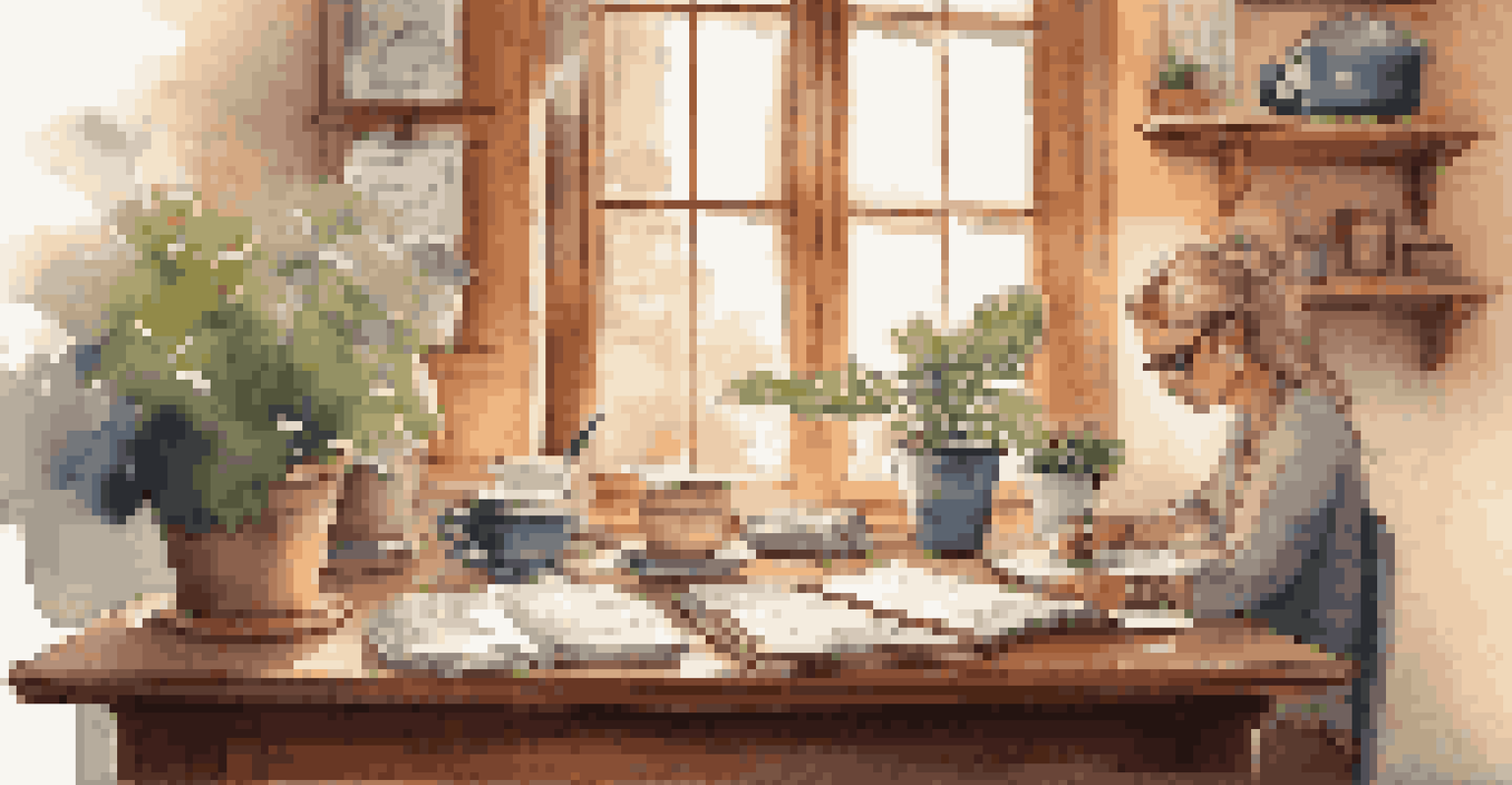 A person journaling at a wooden desk in a cozy home office with a potted plant and a cup of tea.
