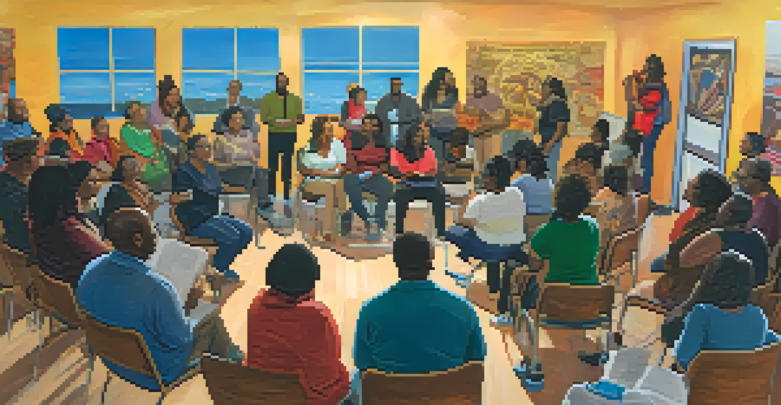 A storytelling event in a community center with individuals sharing health experiences, surrounded by an engaged audience and supportive decor.