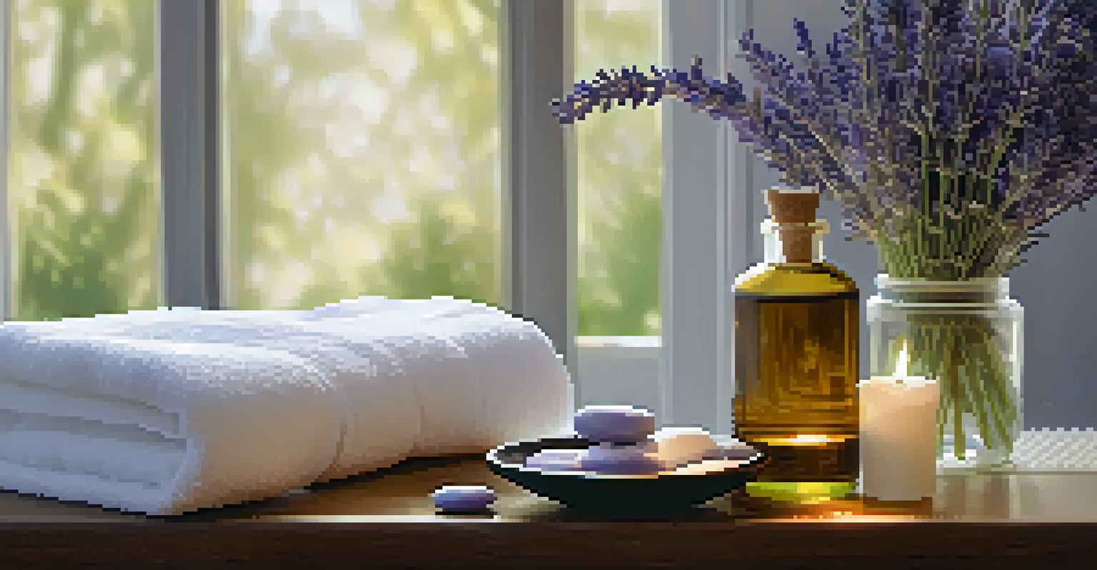 Spa setting featuring a bowl of Vitamin E oil surrounded by lavender and towels, with warm lighting.