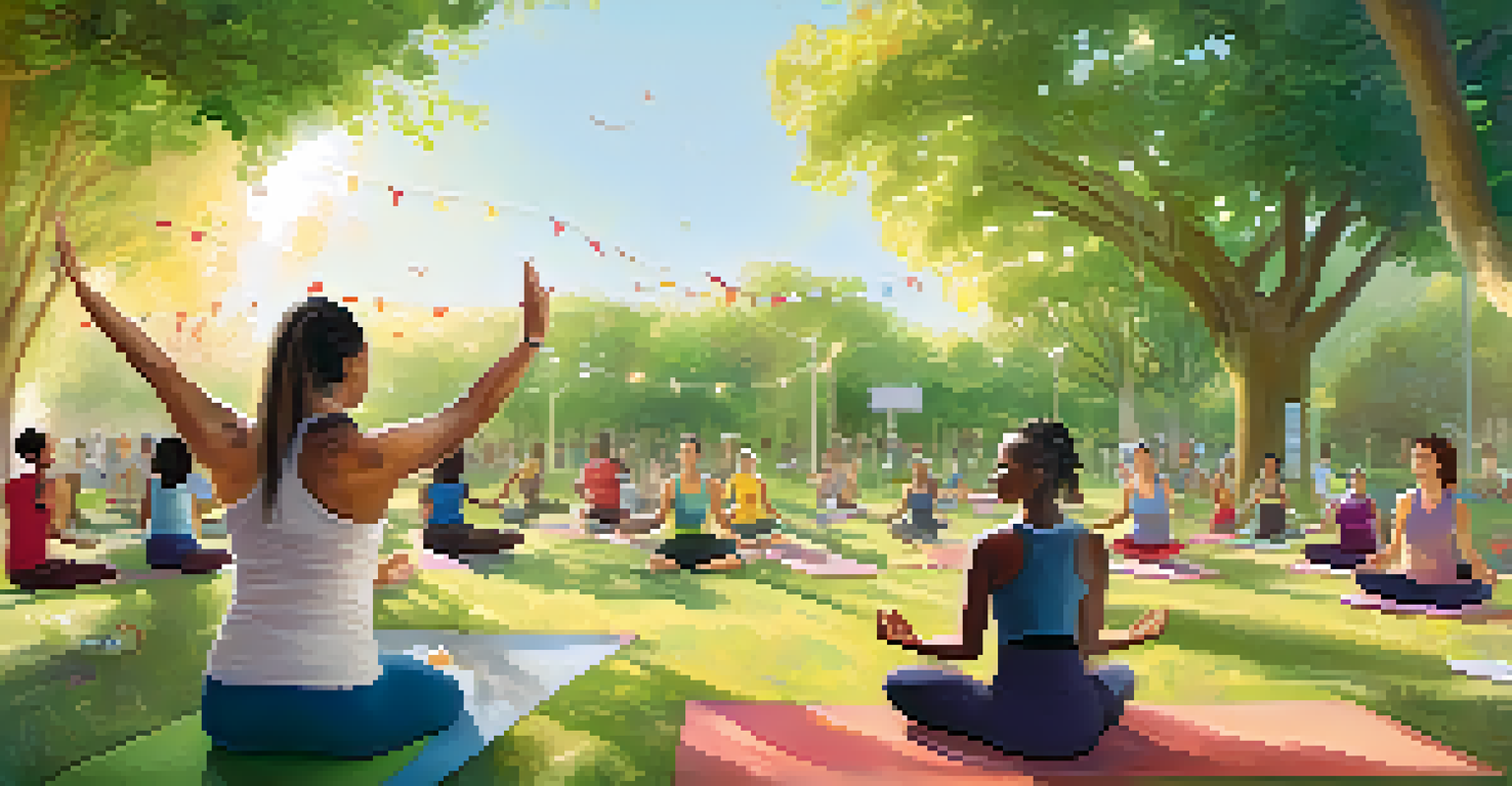 A health coach leading a group fitness session in a lively community park filled with greenery and sunshine.