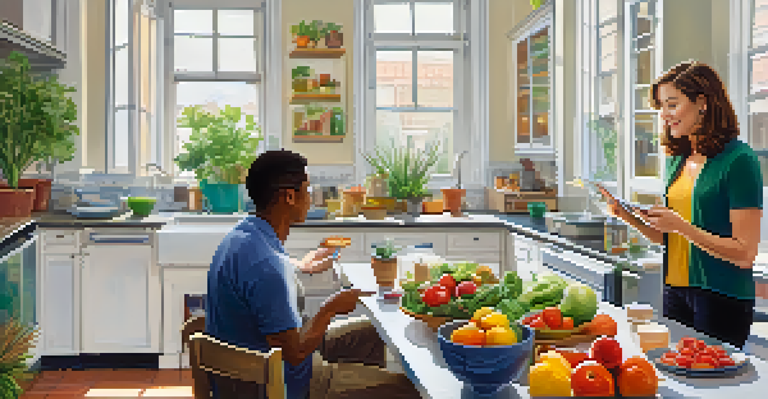 A registered dietitian consulting with a client in a bright kitchen, discussing healthy food options and nutrition plans, with a colorful plate in view.