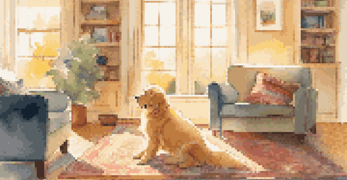 A child petting a golden retriever in a cozy living room with sunlight streaming through the window.
