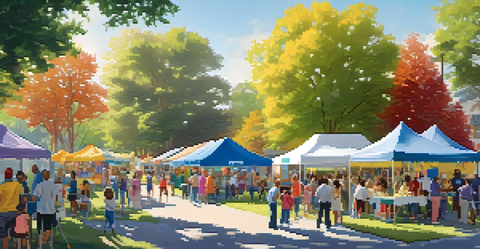 A lively community health fair with families participating in activities, colorful booths, and sunlight filtering through trees.