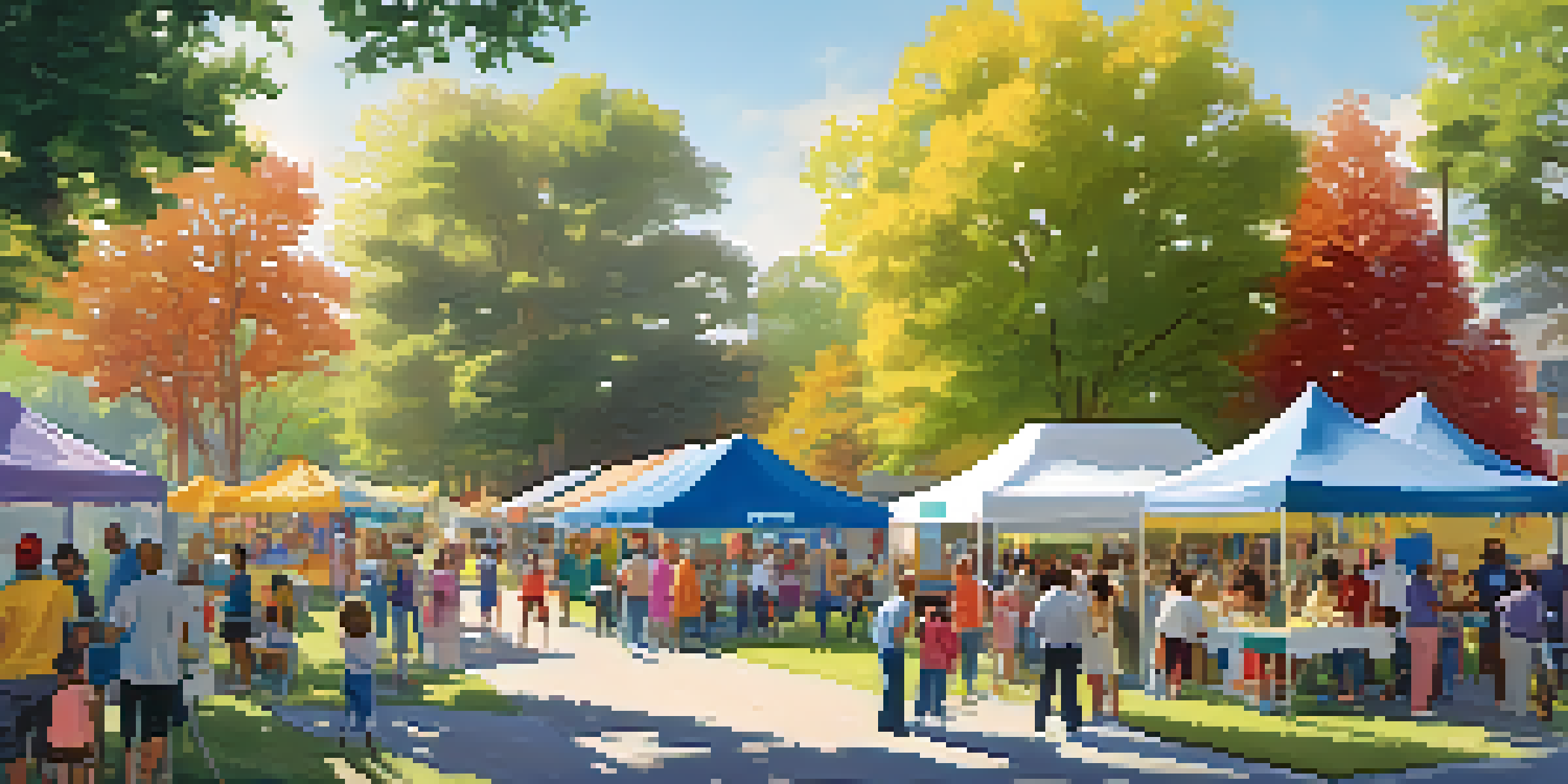 A lively community health fair with families participating in activities, colorful booths, and sunlight filtering through trees.