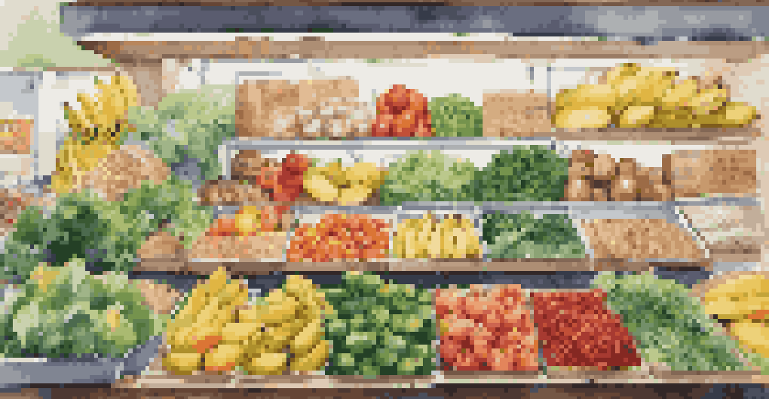 A vibrant grocery display featuring sleep-friendly foods like leafy greens, bananas, turkey, and whole grains in a bright market setting.