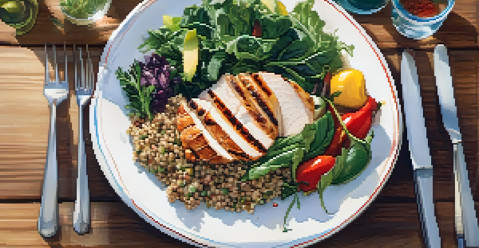 A balanced meal including leafy greens, grilled chicken, quinoa, and colorful vegetables on a rustic wooden table.