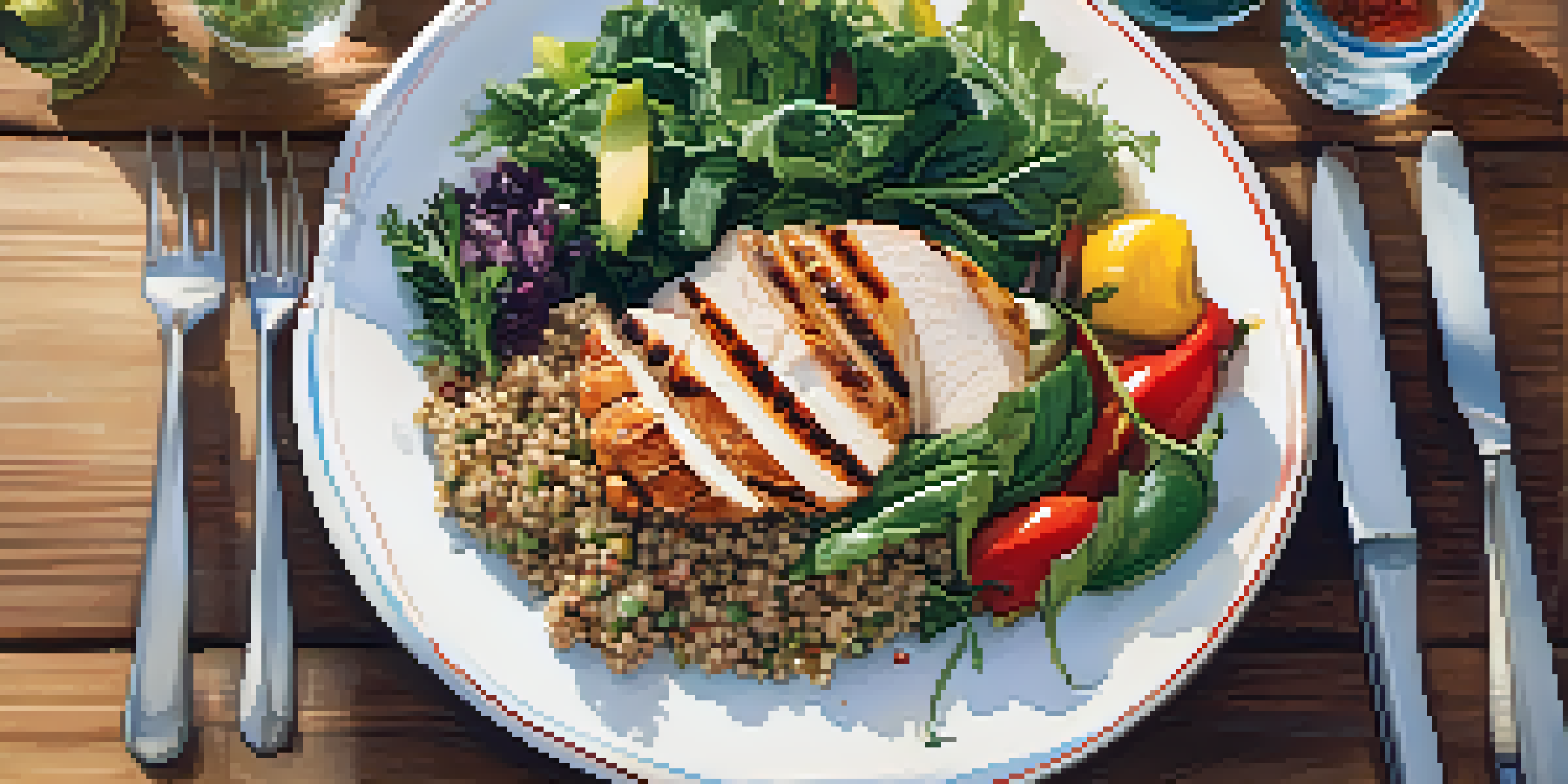 A balanced meal including leafy greens, grilled chicken, quinoa, and colorful vegetables on a rustic wooden table.