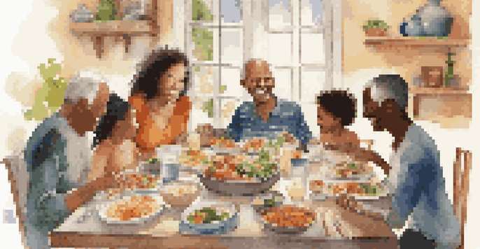A diverse family enjoying a meal together at a table, surrounded by healthy food and warm lighting.