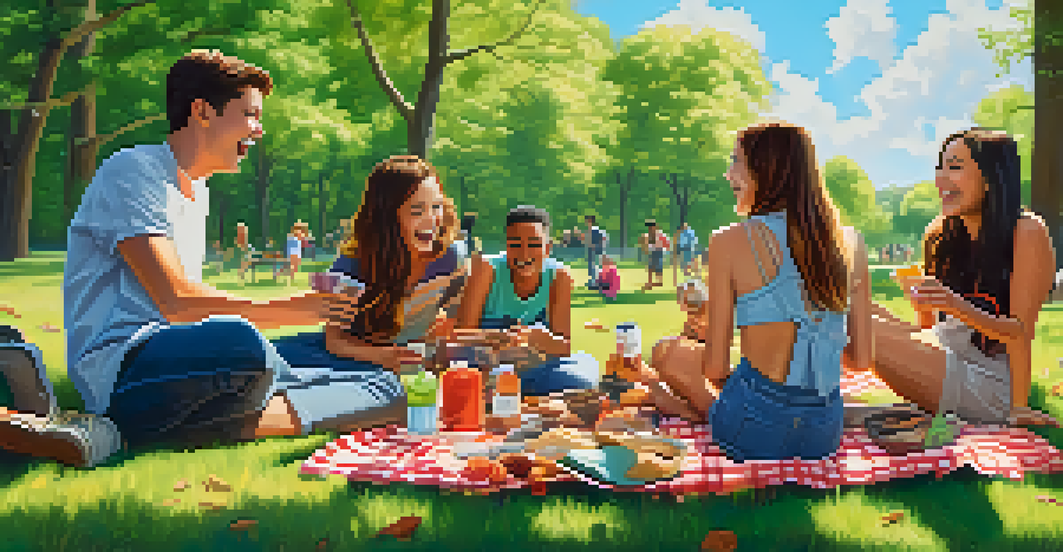A group of friends enjoying outdoor activities in a park, laughing and playing games without digital devices.