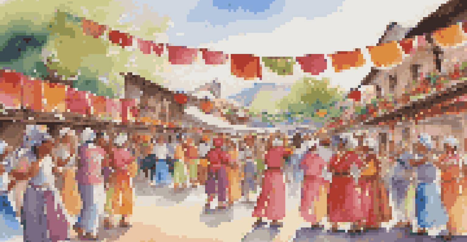 A lively local festival with people dancing in colorful costumes, surrounded by stalls of handmade crafts and festive decorations.