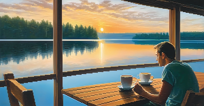 A person enjoying a cup of coffee at sunrise, with a calm lake in the background and soft sunlight illuminating the scene.