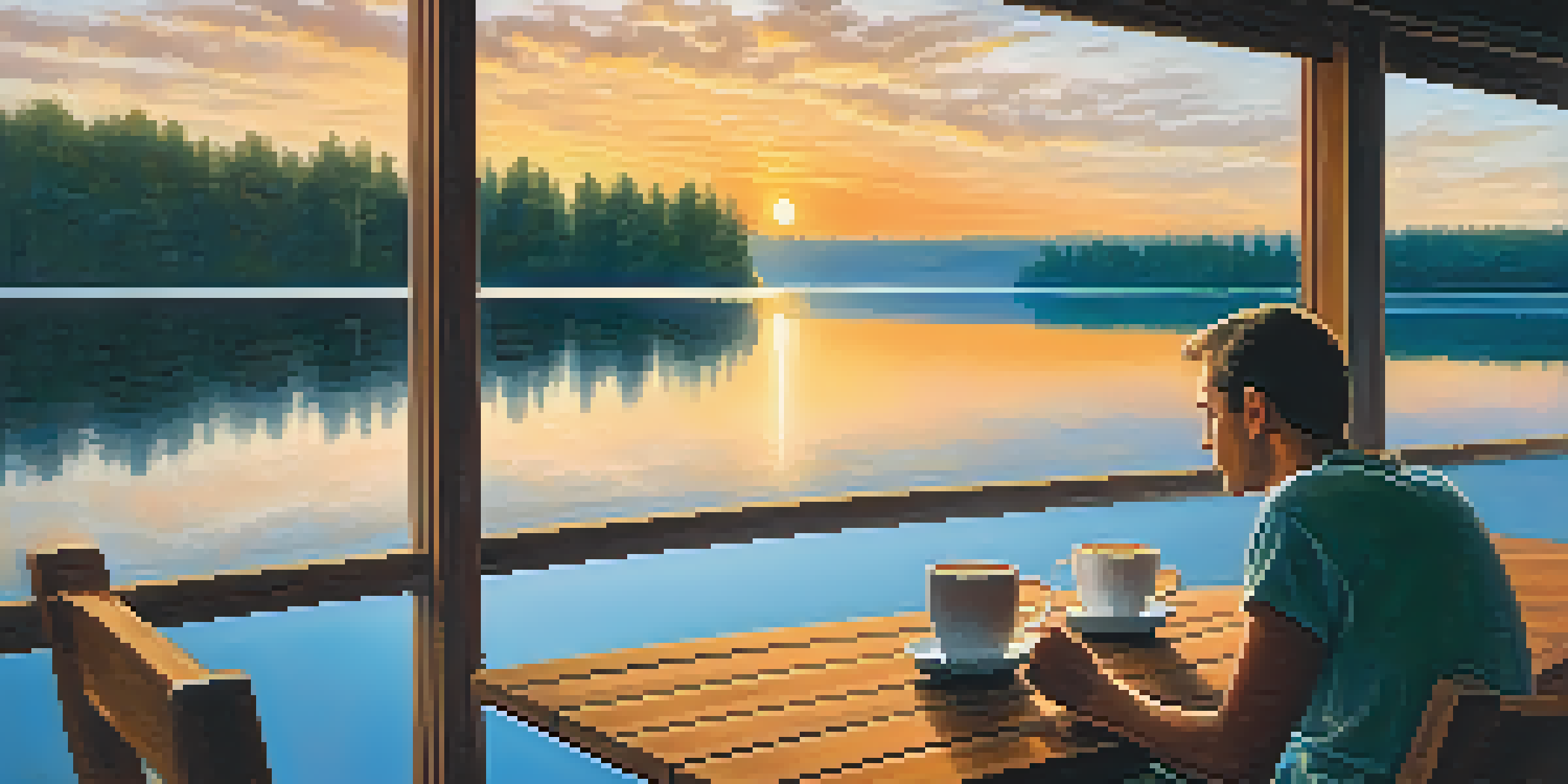 A person enjoying a cup of coffee at sunrise, with a calm lake in the background and soft sunlight illuminating the scene.