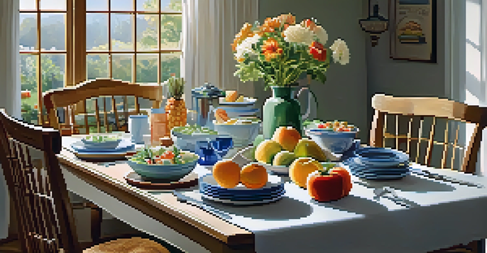 A dining table beautifully arranged with colorful dishes, fruits, and vegetables, illuminated by soft natural light.