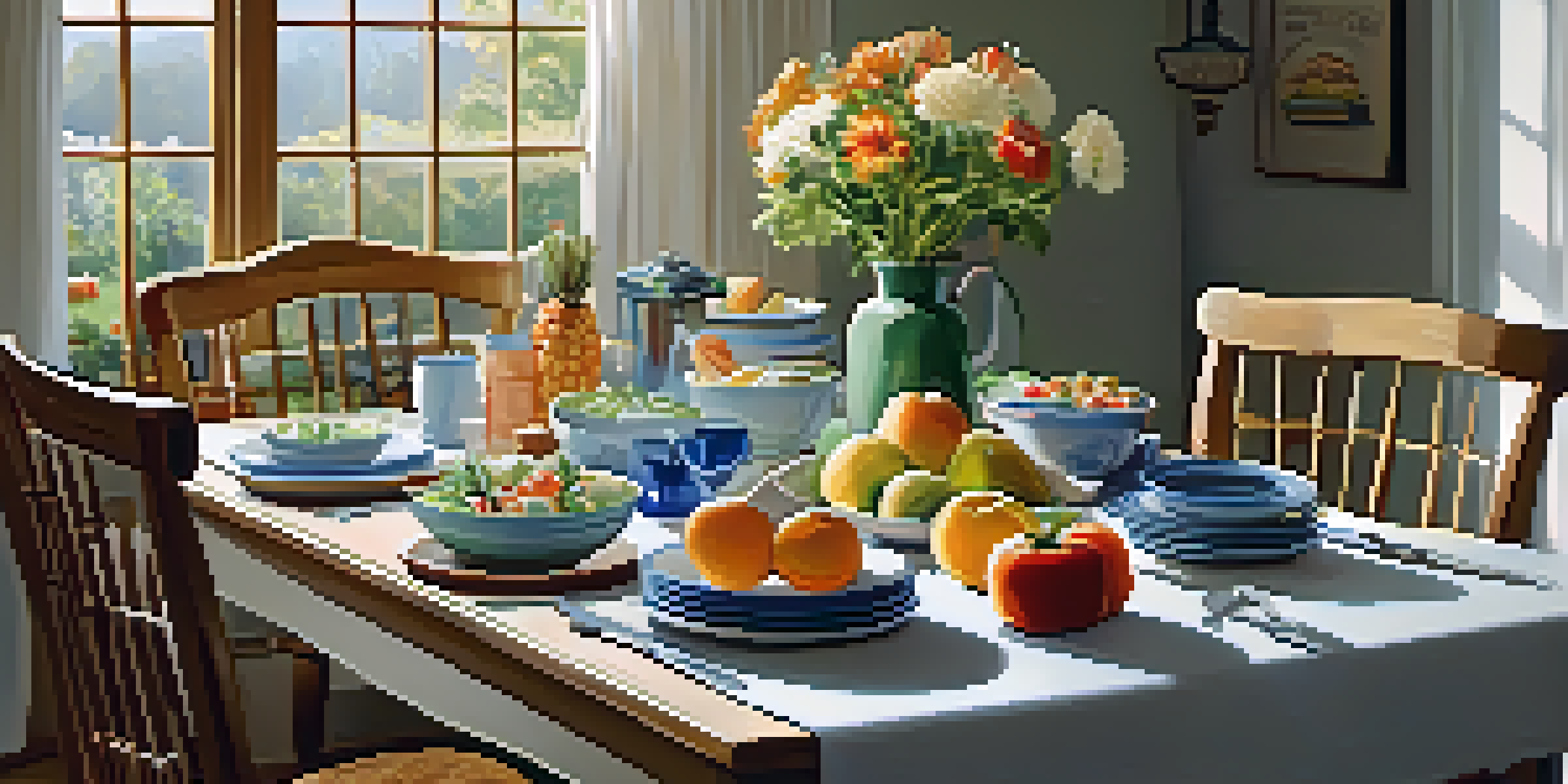 A dining table beautifully arranged with colorful dishes, fruits, and vegetables, illuminated by soft natural light.