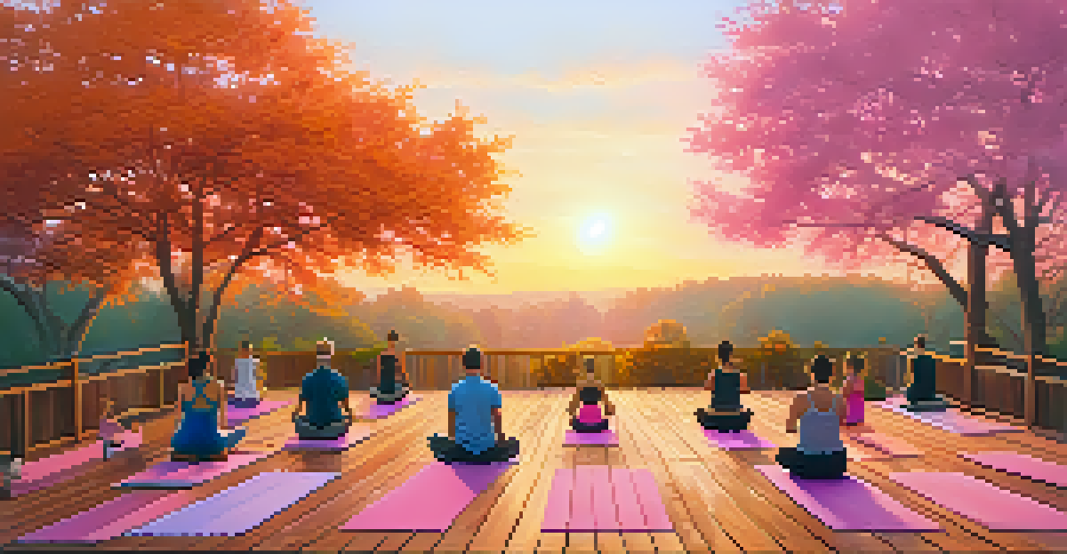 Participants practicing yoga outdoors at sunrise on colorful mats, with a natural backdrop of trees and a vibrant sky.