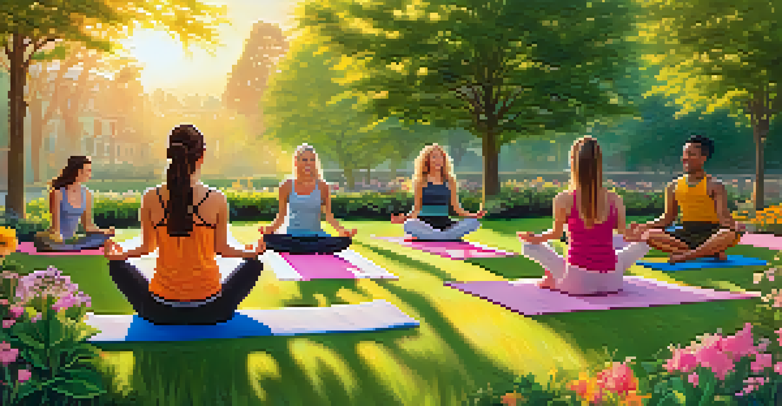 Friends practicing yoga together in a peaceful park during sunset, surrounded by greenery and flowers.