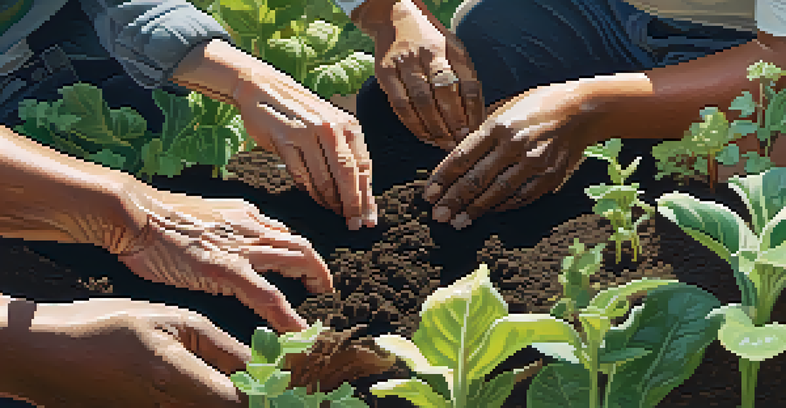 Close-up of diverse hands digging in soil in a community garden, with vibrant plants and sunlight in the background.