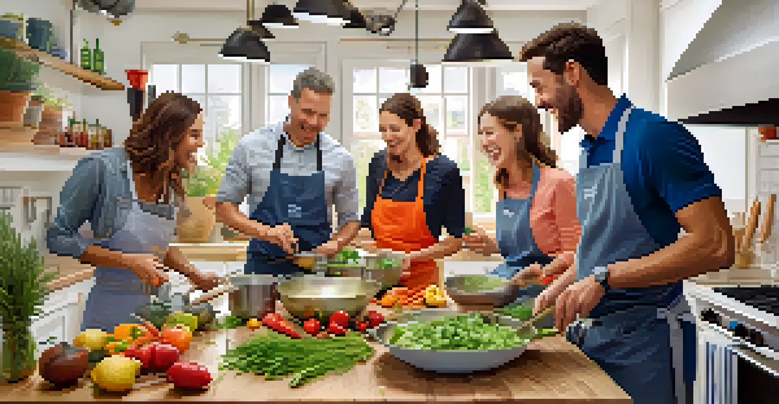 Participants in a healthy cooking class actively preparing fresh ingredients and enjoying the cooking experience together.