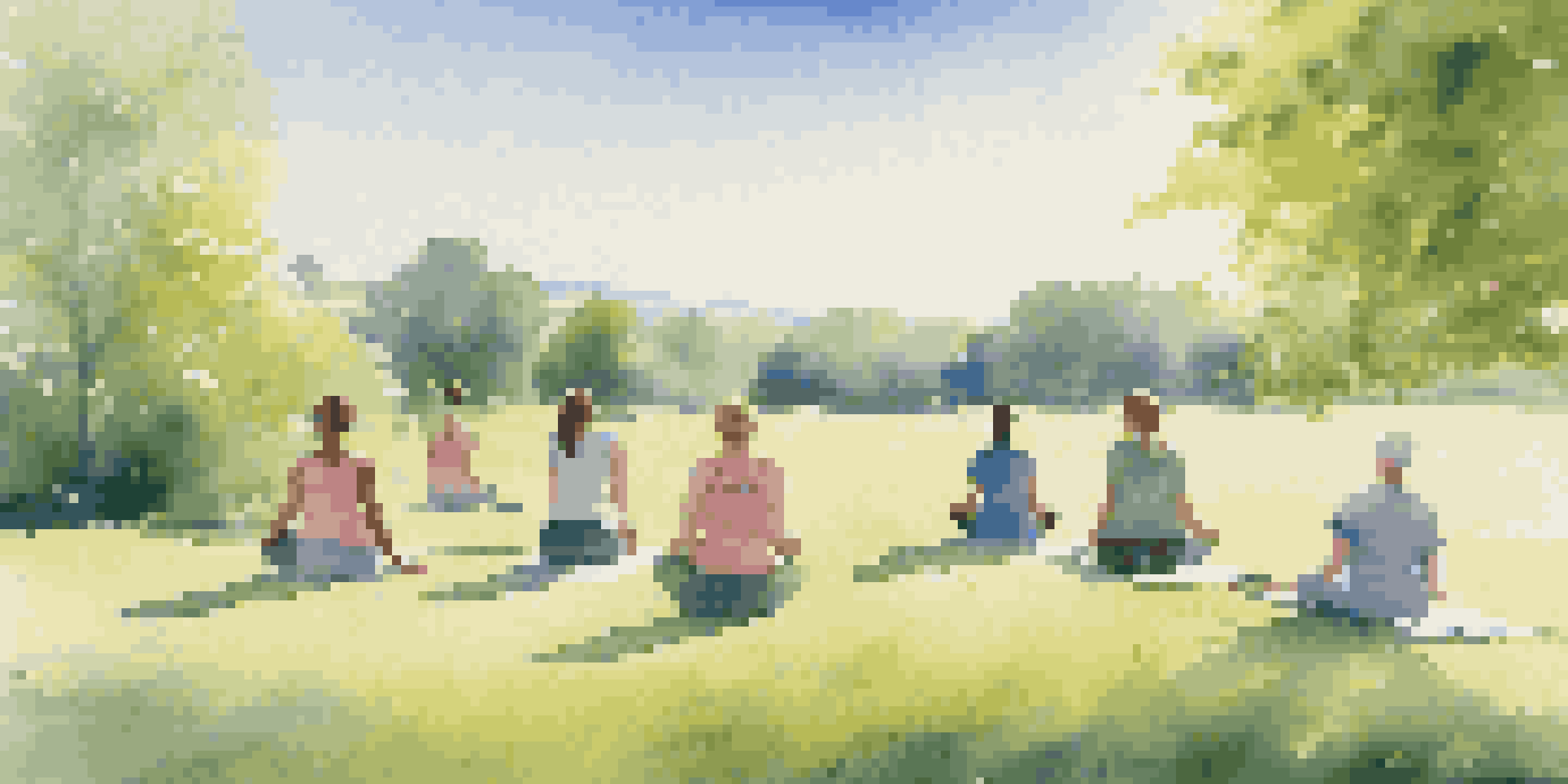 A sunny landscape with people exercising outdoors, including a woman using an inhaler.