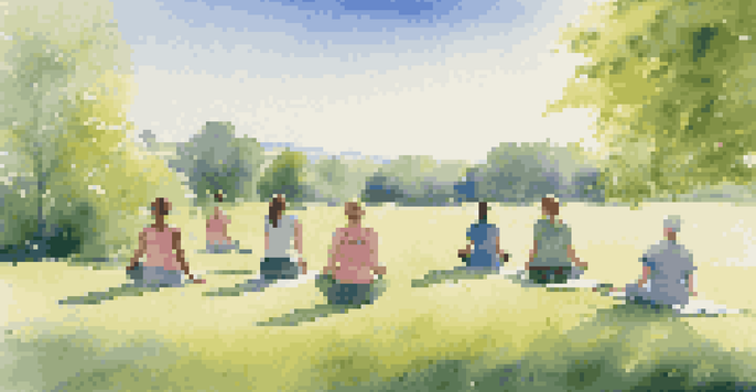 A sunny landscape with people exercising outdoors, including a woman using an inhaler.