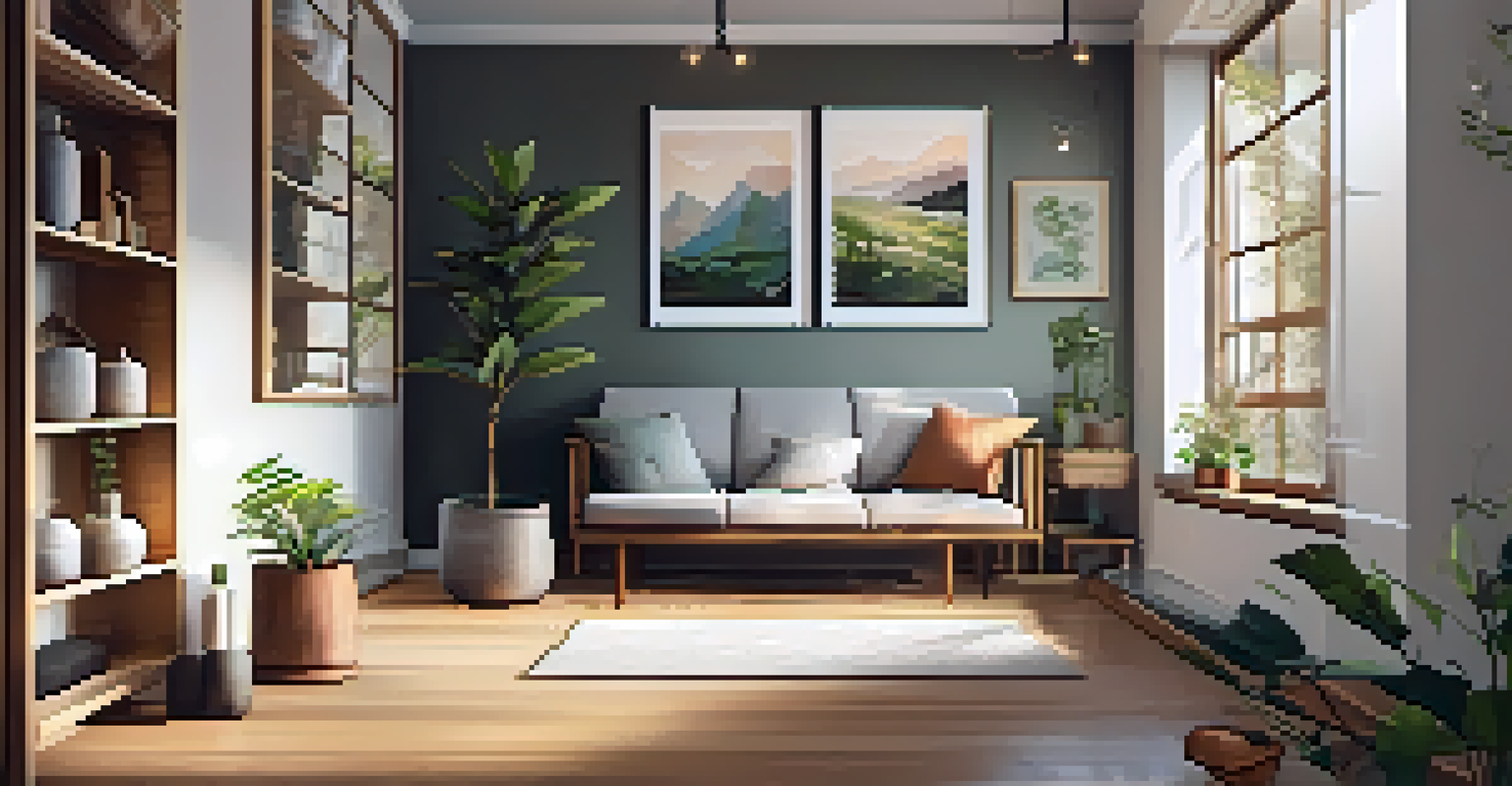 A minimalist home self-care space with plants, soft lighting, and reclaimed wood furniture, featuring a yoga mat and a journal.