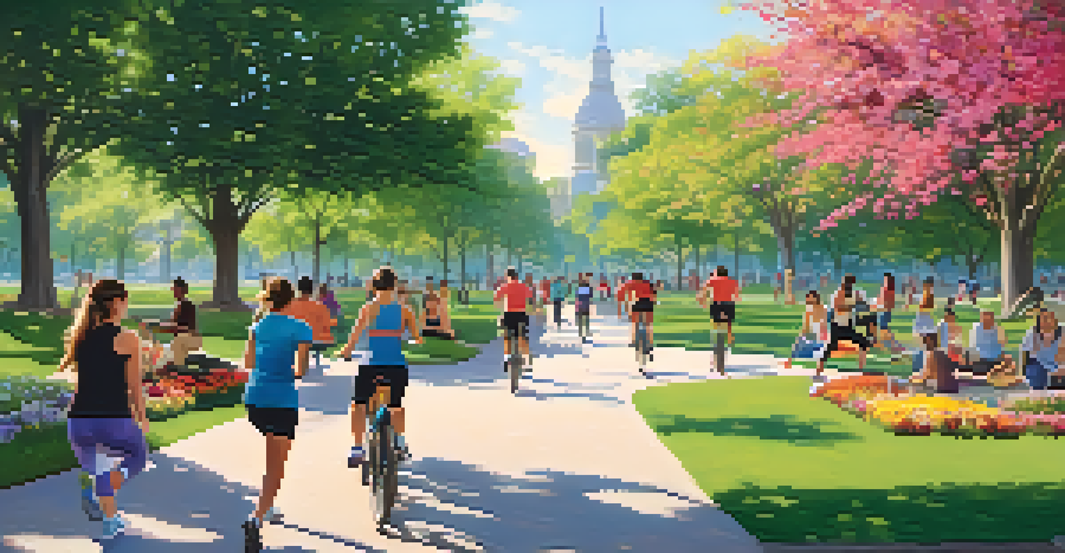 A lively urban park filled with people exercising and enjoying nature.