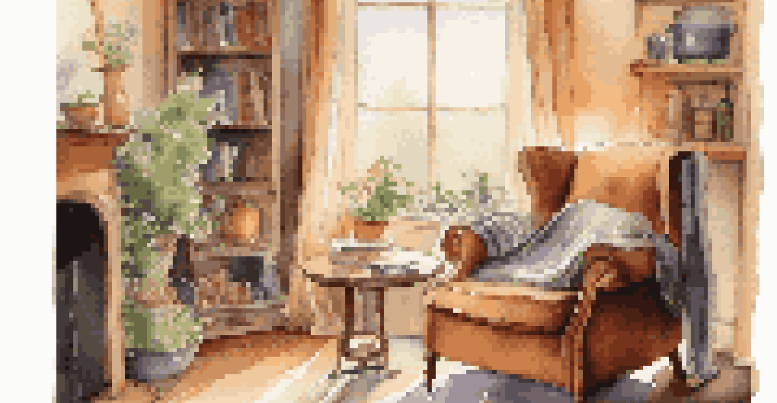 A cozy living room with an armchair, a cup of tea, a book, and sunlight streaming through a window.
