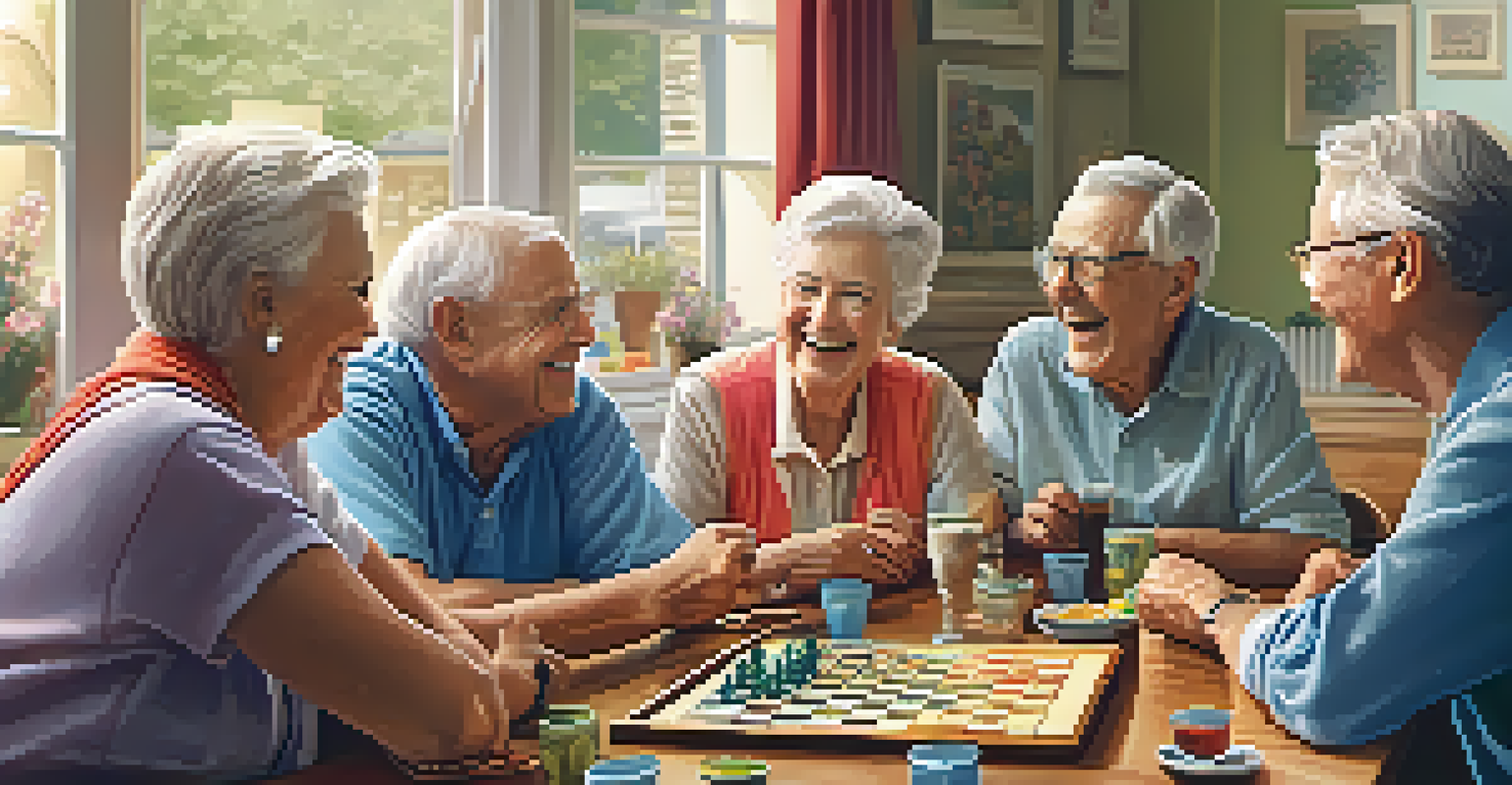 A group of elderly friends playing board games together in a lively and bright room.