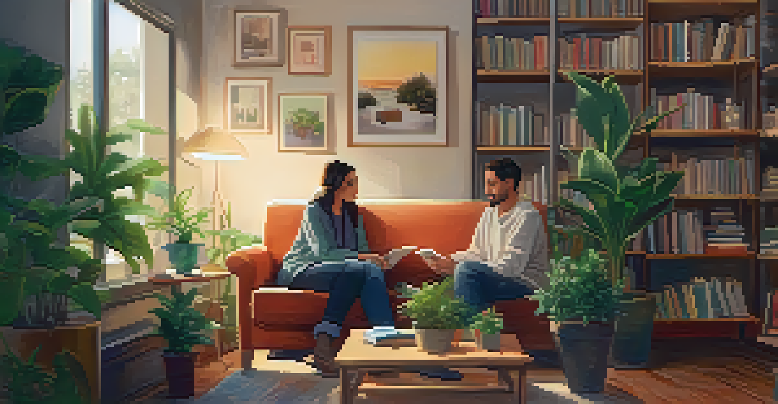 Two individuals in a peer support session, one listening attentively while the other speaks, in a cozy living room with soft lighting.