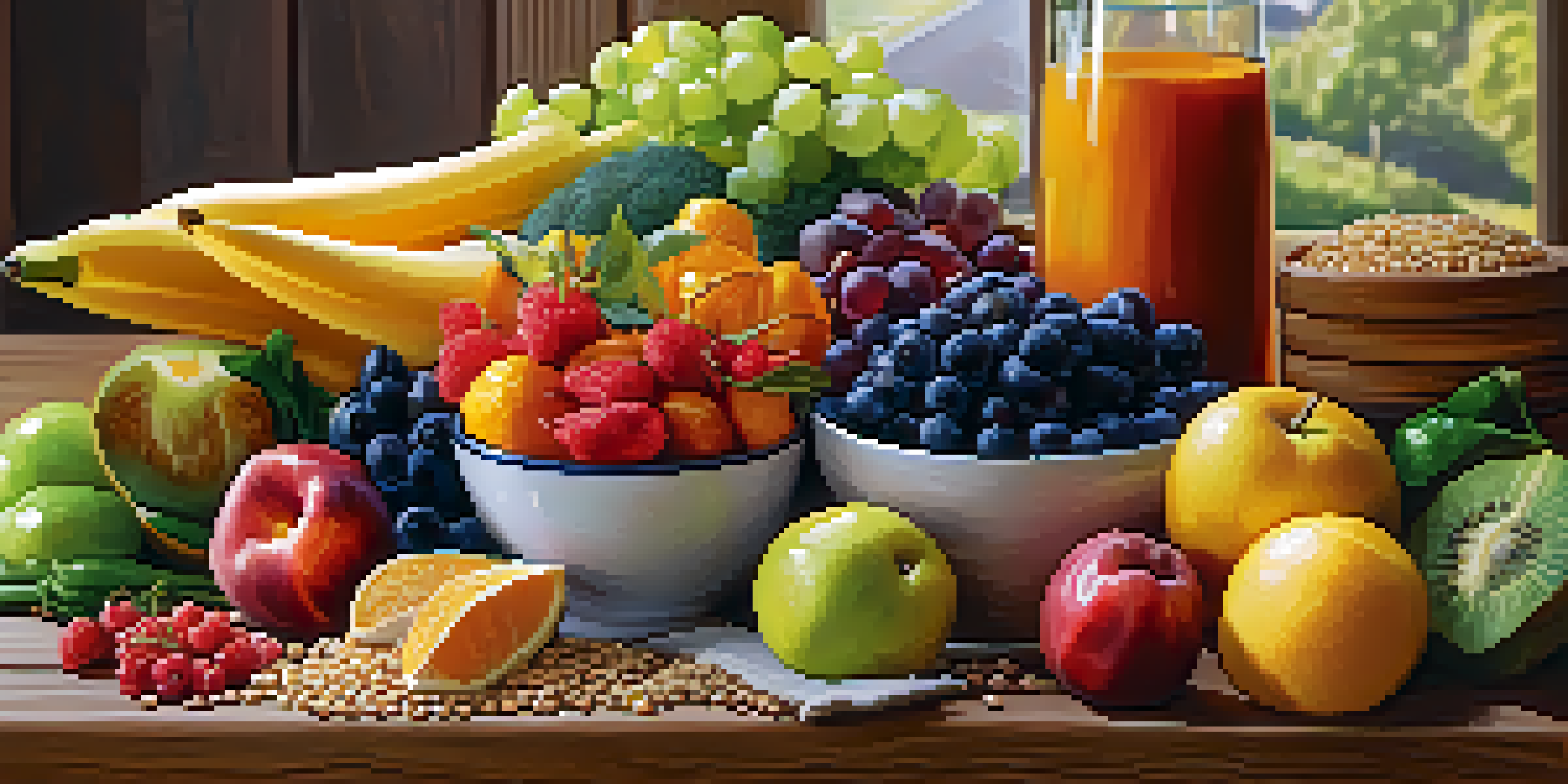 A visually appealing meal with colorful fruits, vegetables, whole grains, and lean proteins on a wooden table, illuminated by natural light.