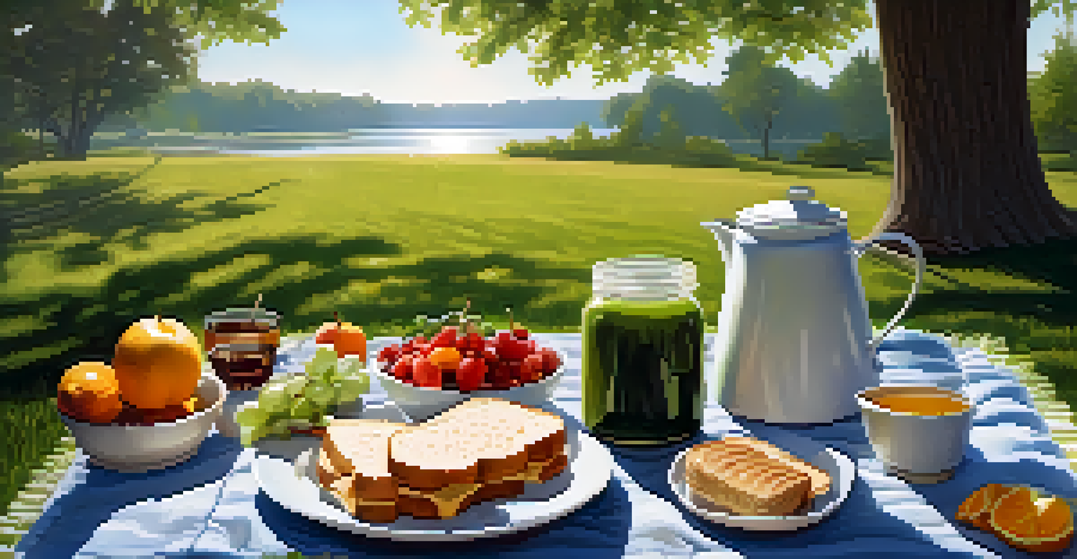 An outdoor picnic scene with a blanket and healthy food, showcasing a tranquil environment for mindful eating.