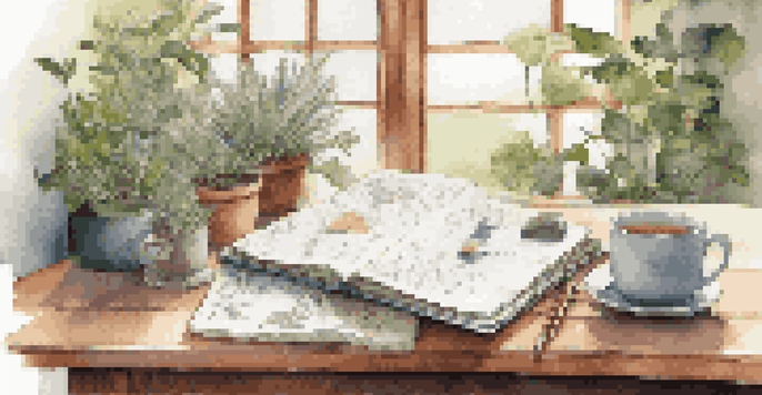 A cozy workspace with an eco-friendly journal, plants, and a cup of herbal tea on a wooden desk.