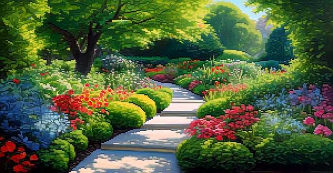 A vibrant garden filled with colorful flowers and greenery, under a clear blue sky, representing the brain's adaptability and growth.