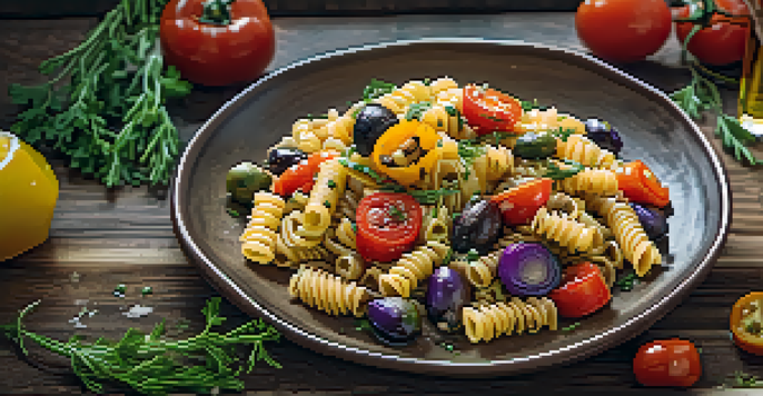 A colorful plate of whole grain pasta with roasted vegetables and olive oil, set in a rustic kitchen.