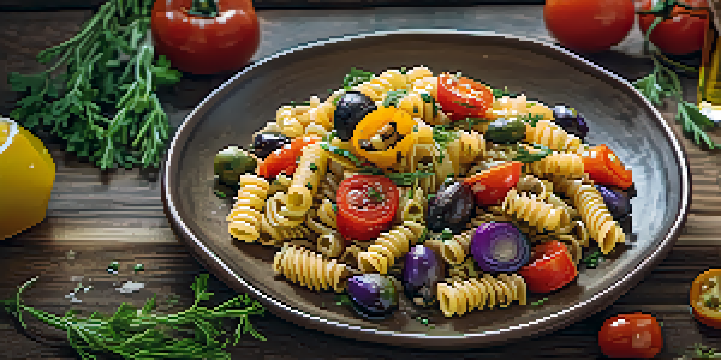 A colorful plate of whole grain pasta with roasted vegetables and olive oil, set in a rustic kitchen.