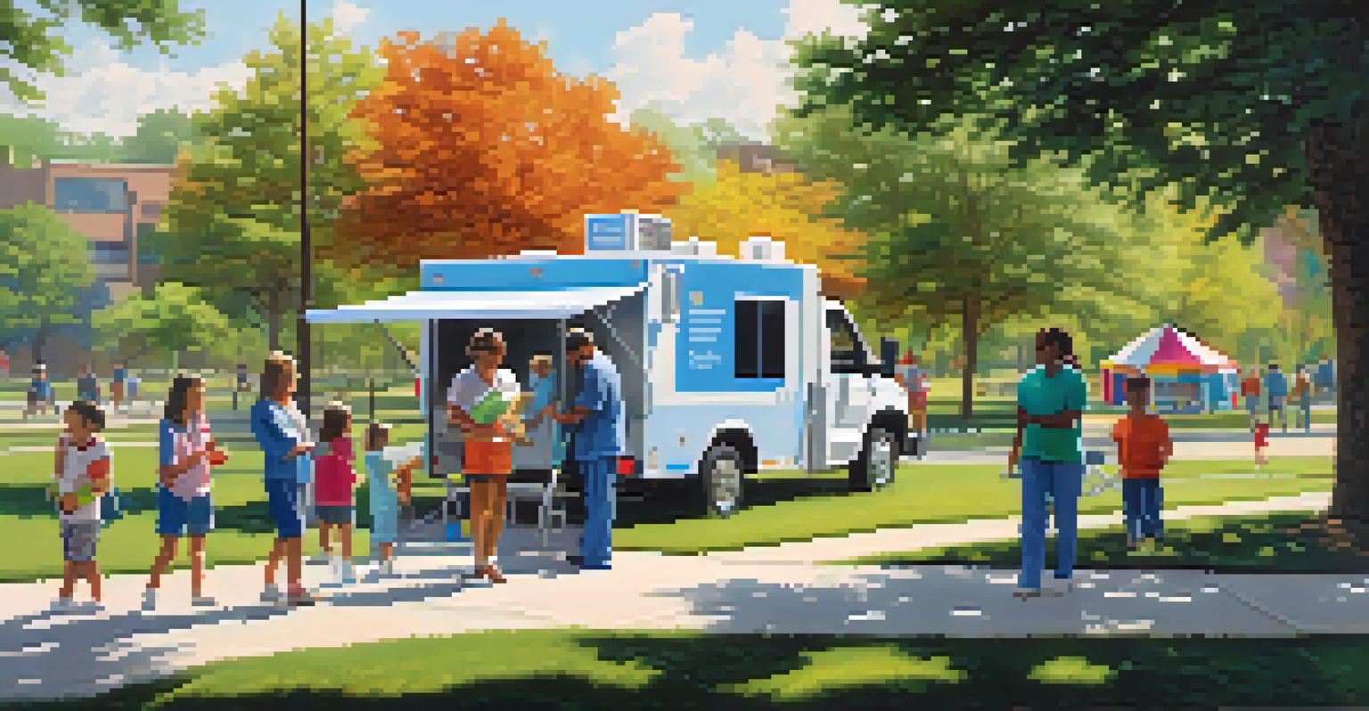 A mobile vaccination unit in a neighborhood park, with families approaching and staff members providing assistance.