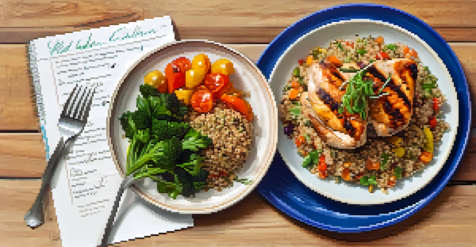 A colorful plate of grilled chicken, quinoa, and vegetables arranged beautifully with a recipe notepad in the background.