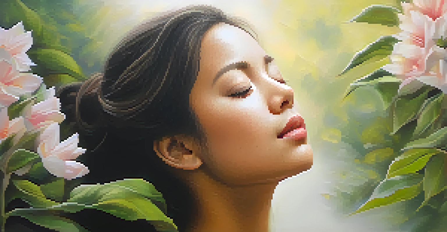 A person with a calm expression practicing mindful breathing, surrounded by a blurred natural background.