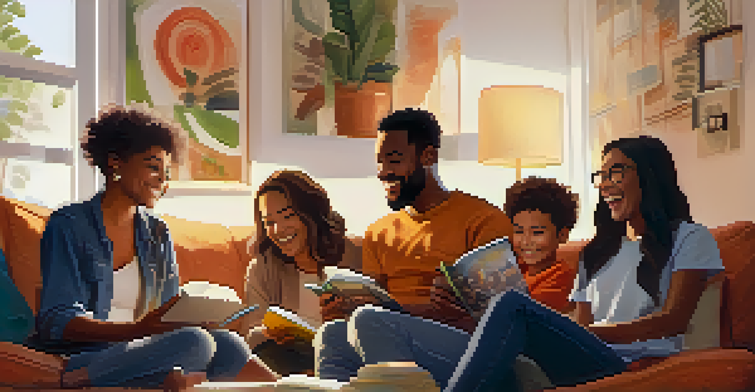 A diverse group of friends in a cozy living room, sharing laughter and holding gratitude journals.