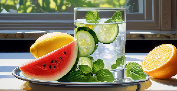 A glass of water infused with cucumber, lemon, and mint, with hydrating fruits on a marble countertop.