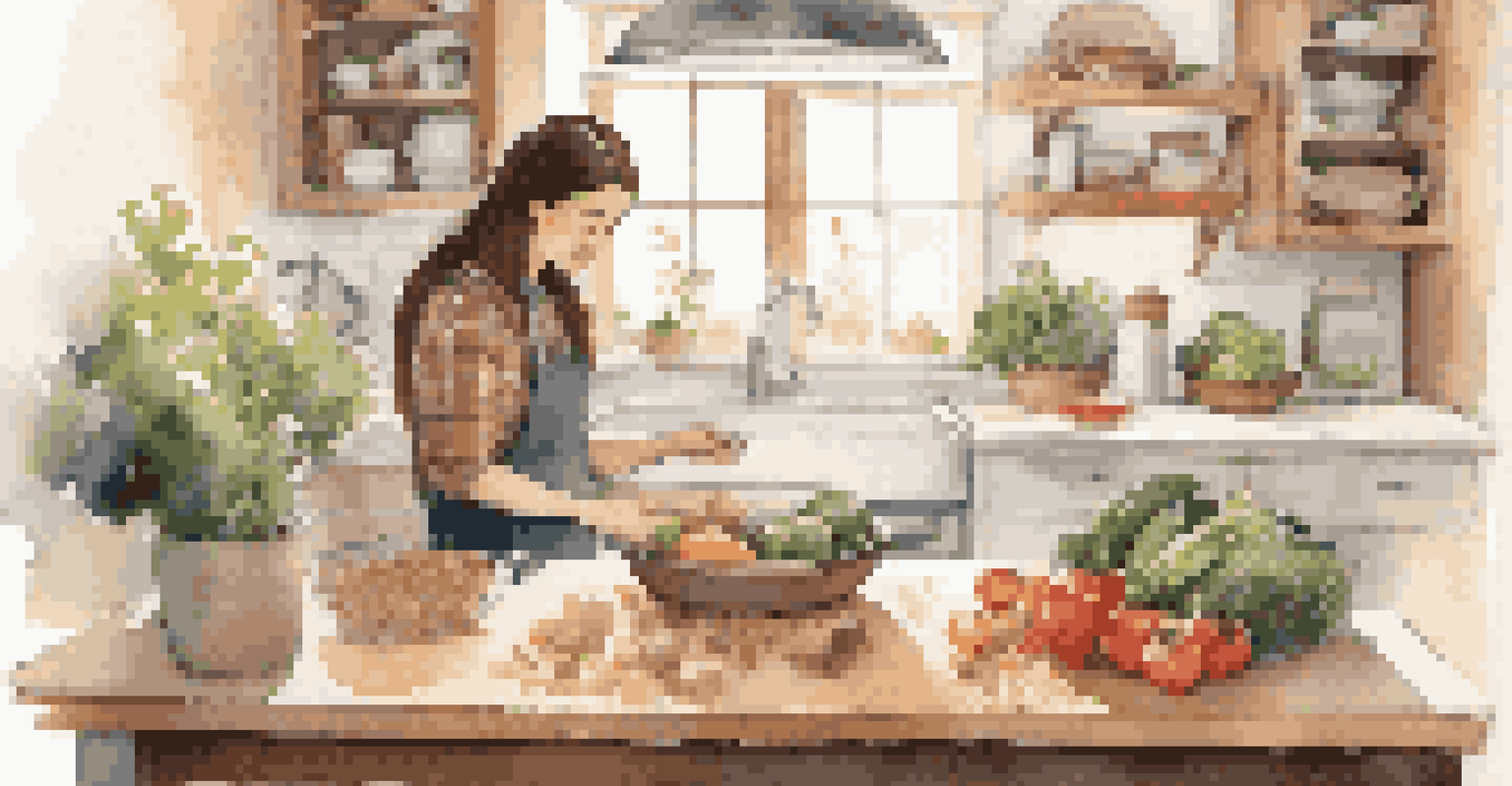 A person in a cozy kitchen preparing a meal plan with fresh produce and a grocery list on the counter.
