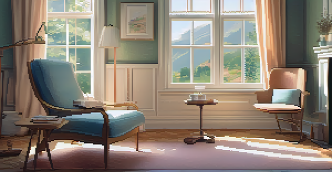 A cozy living room with warm lighting, an armchair, a side table with tea, and a cat relaxing.