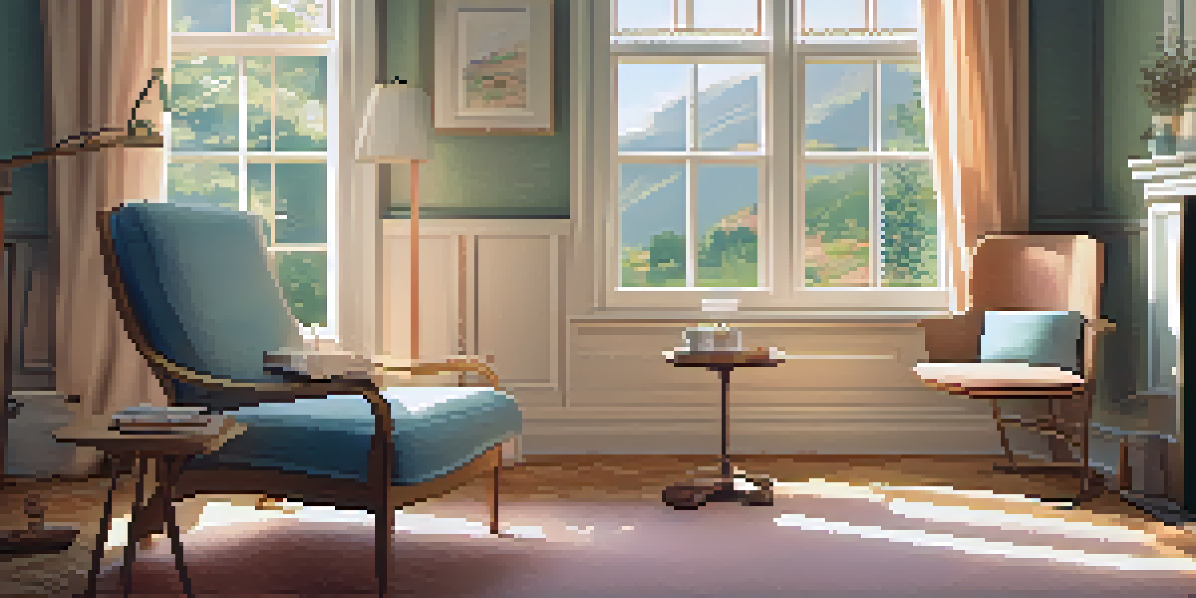 A cozy living room with warm lighting, an armchair, a side table with tea, and a cat relaxing.