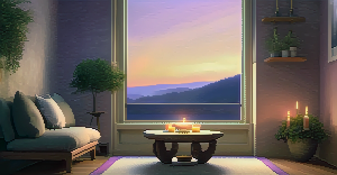 A cozy meditation corner with a cushion, candle, and lavender flowers, illuminated by soft lighting.