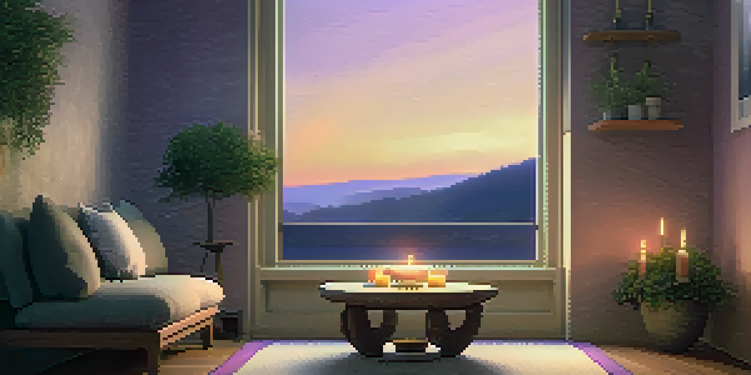 A cozy meditation corner with a cushion, candle, and lavender flowers, illuminated by soft lighting.