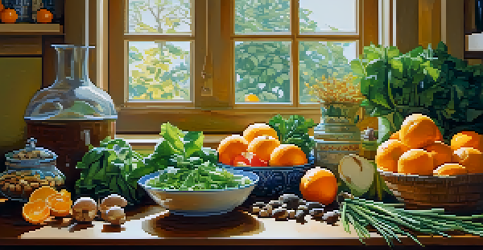 A colorful kitchen table with fresh fruits and vegetables including oranges, leafy greens, garlic, and nuts, illuminated by soft natural light.