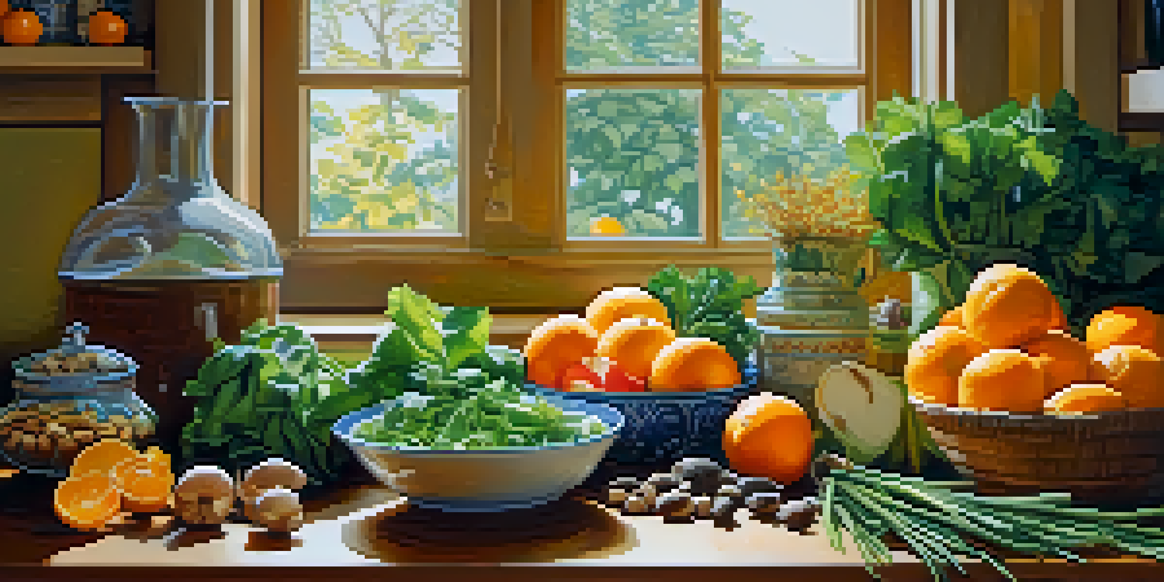A colorful kitchen table with fresh fruits and vegetables including oranges, leafy greens, garlic, and nuts, illuminated by soft natural light.